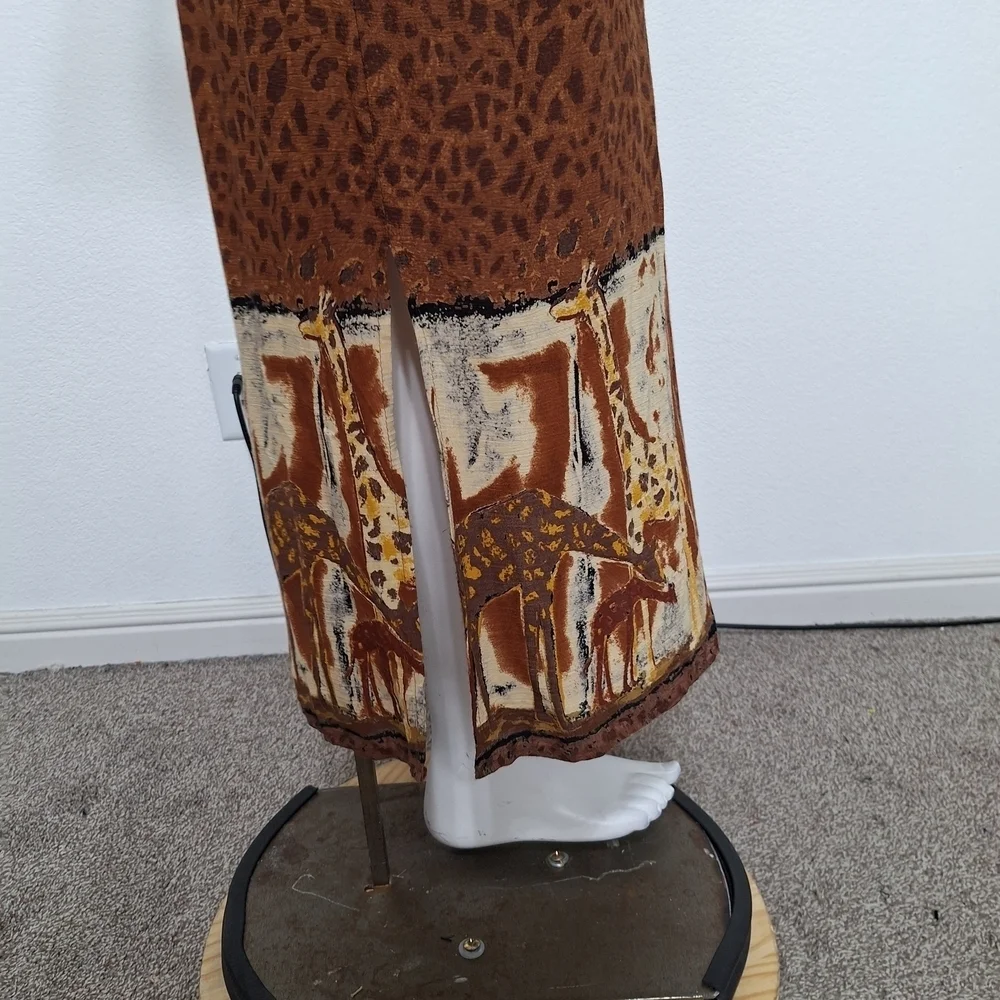 Brown Giraffe Animal Print Linen Boho Bohemian W/Pocket Sleeveless Maxi Dress - Picture 5 of 8